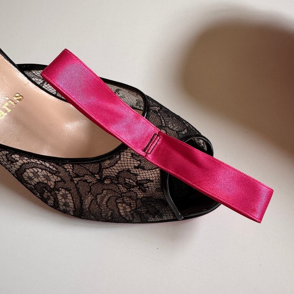 Christian Louboutin Black Lace Pink Accent Bow Peep Toe Mule Slide Size 39 US 9 - Picture 12 of 16